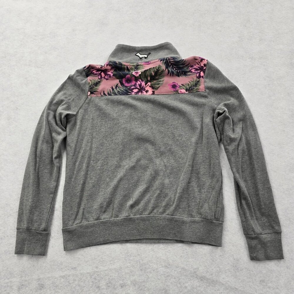 Victoria’s Secret PINK Quarter Zip Pullover Sweatshirt Sz M Gray Tropical Floral - Picture 2 of 7